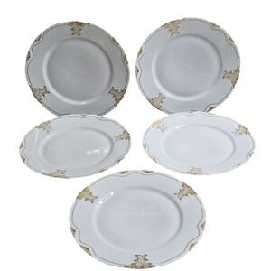 Set of 5 Theodore Haviland Limoges Plates White Gold Gilt Scalloped France 10